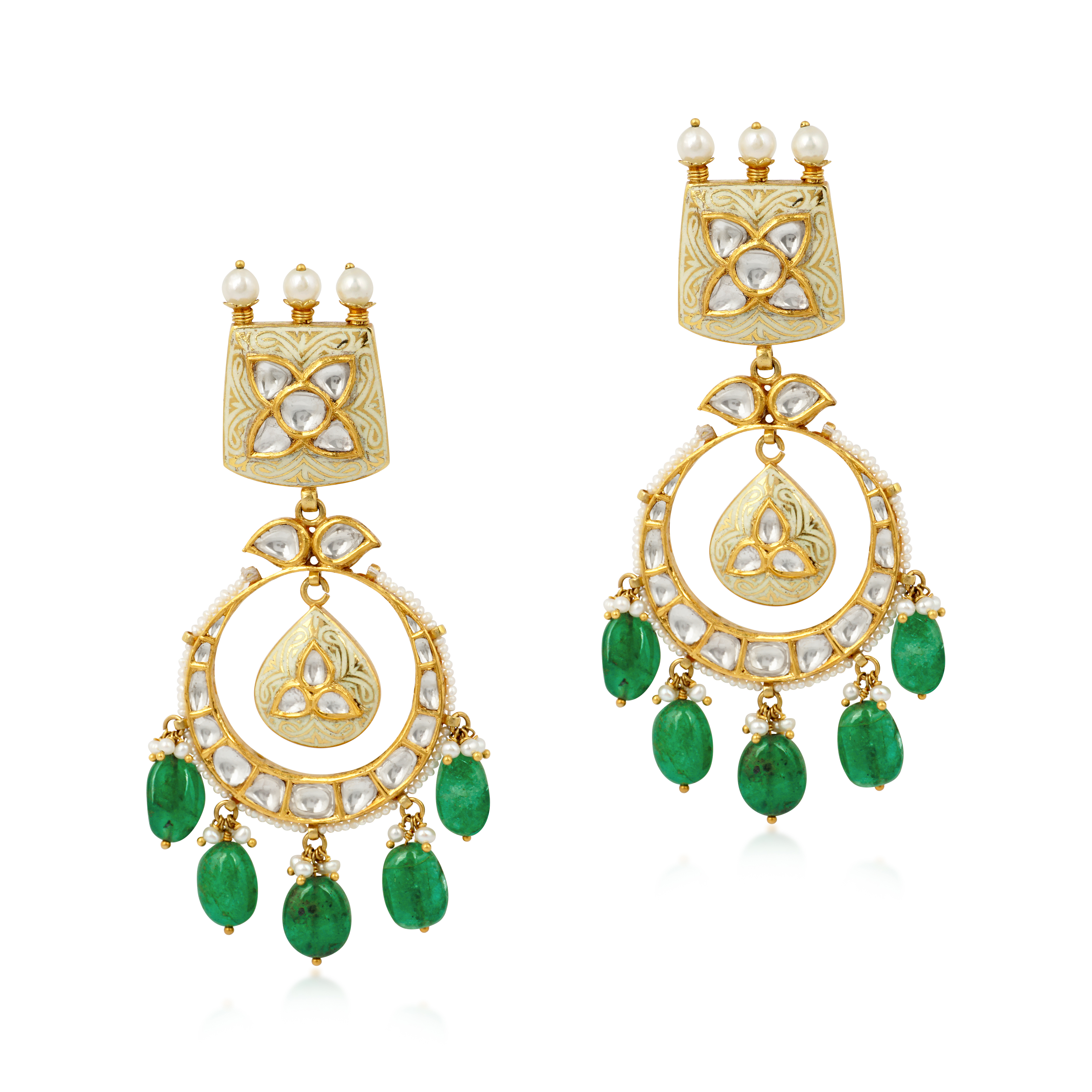 Ivory Enamel Chandbali Earrings with Polki, Emeralds, and Pearls